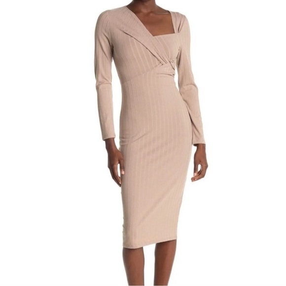 ASTR Ribbed MIDI Dress Long Sleeve Sheath Twist Neck Asymmetric Body Con - Picture 1 of 5